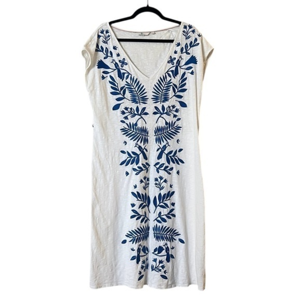 BODEN “Tanya” White & Blue Embroidered Cotton V-Neck T-Shirt Dress 16L